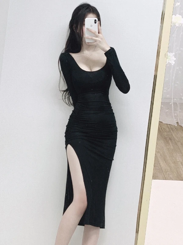 Dongda Gate Comfortable Sexy Women's Dress Body Shape Highlighting Low Cut round Neck Pleated Split Tight Fit Dress