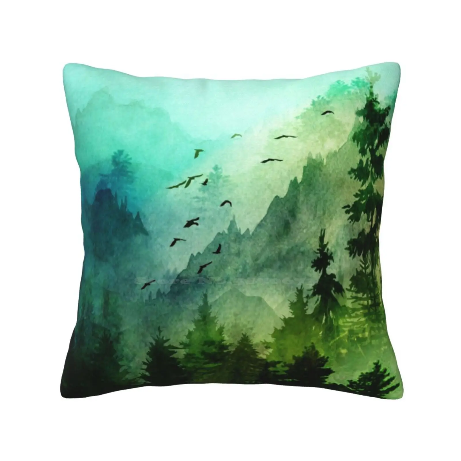 Забавная Милая квадратная наволочка с изображением гор утра, акварель, лес, пейзаж, восхитительность, приключения, горы, облаков