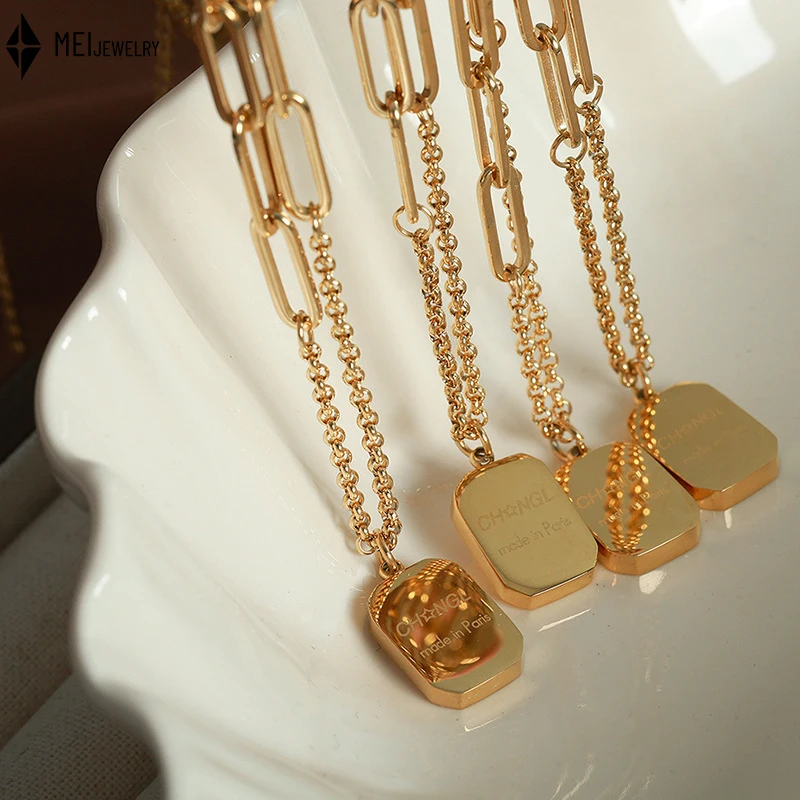 Легкий роскошный крутой стиль, ниша, простой квадратный кулон с буквами, цепочка для свитера, не выцветающее ожерелье из нержавеющей стали, аксессуары