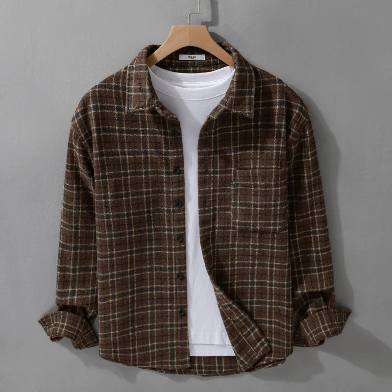 

100% Polyester Autumn Winter Men's Brushed Check Loose Casual Long Sleeve Shirt Fashionable Trendy Youth Men's Plaid Top Coats