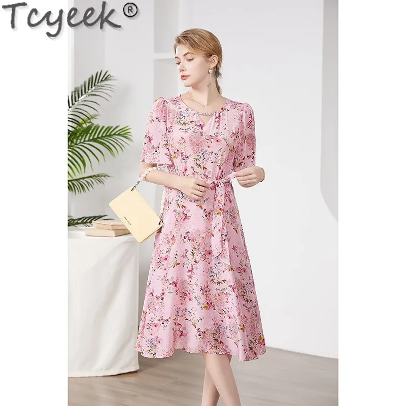 

Tcyeek 100% Real Mulberry Silk Dress 2024 Spring Summer Clothes Elegant and Pretty Women's Dresses High-end Print Dress Lace-up