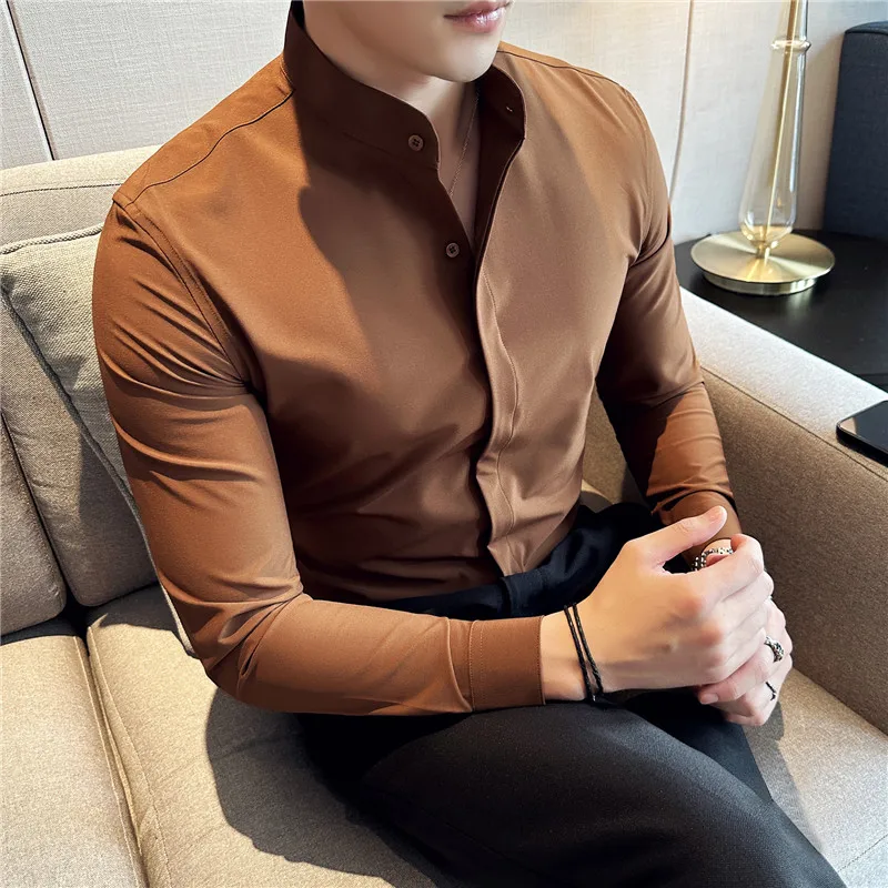 Chinese Style Stand Collar Shirt for Men Solid Color Long Sleeve Casual Business Dress Shirts Slim Fit Social Streetwear Blouse