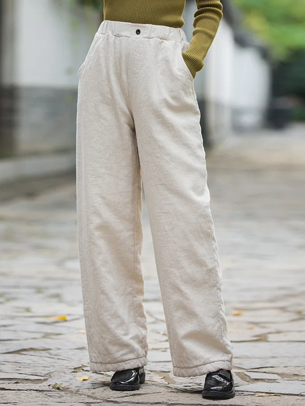 المرأة Thiened الكتان القطن مستقيم الساق السراويل الشتاء الدافئة ملابس خارجية غير رسمية بنطلون مريح فضفاض صالح السراويل الطويلة