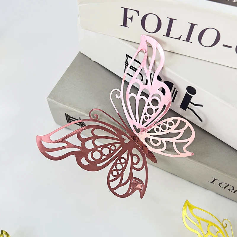 12pcs Laser Butterfly Wall Stickers Wedding Party Home Decoration Hollow Stickers Gold Silver Rose Butterfly Paper Cake Toppers