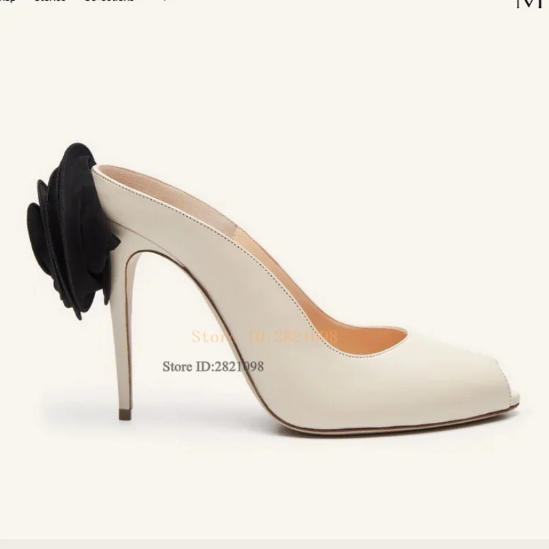 

Open Toe Back Flowers Match Color Mules In Calf Leather Pumps Thin Heeled Women's Shoes Slip On Peeptoe Stilettos Party Shoes