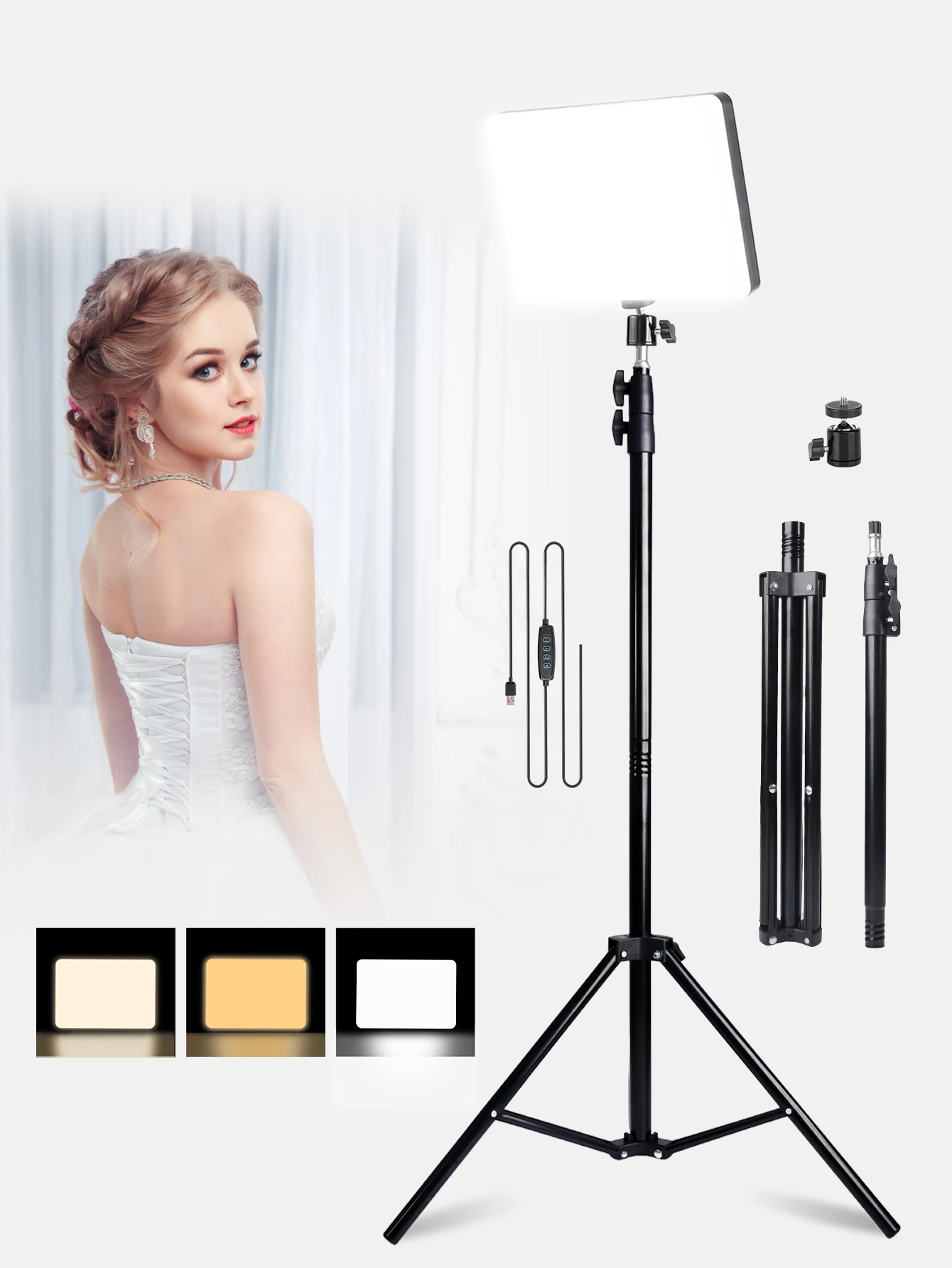 

Выдвижной штатив 63 дюйма с 10-дюймовым 3-цветным светодиодным плоским освещением, 1 зажимом для телефона и палкой для селфи