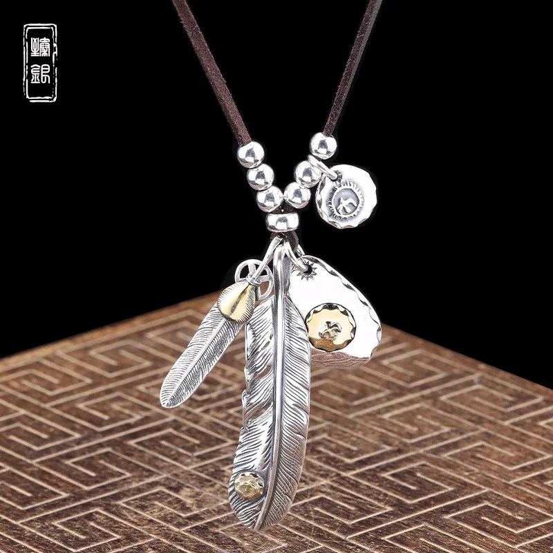 

S925 Sterling Silver Feather Eagle Pendant Set Chain Japanese Male and Female Thai Silver Sweater Chain Vintage Silver Jewelry