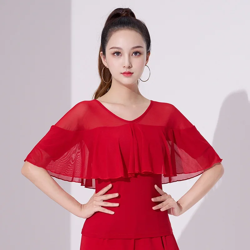 

Новые женские танцевальные топы Noble Ruffle Leader с длинными рукавами, однотонные, полированные бриллиантами, кружево с v-образным вырезом, одежда для латинских бальных танцев, M-4XL