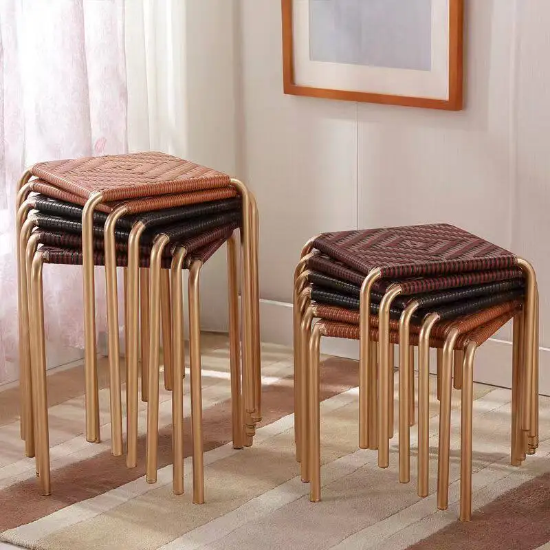 

Табурет из ротанга ручной работы, штабелируемый с железной рамой, обеденный стул из веревки в стиле бохо для кухни, гостиной, квадратный пуфик из натуральной ткани