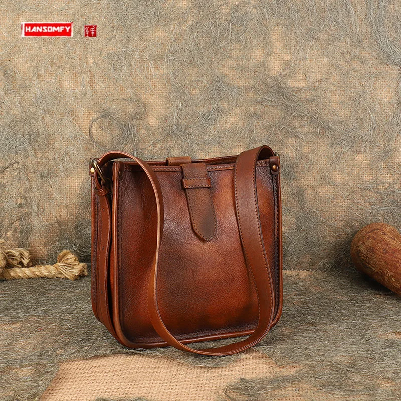 

New Retro Small Square Bag Women's Cowhide Messenger Bag Genuine Leather Special-Interest Design Cowhide Box Shoulder Bag