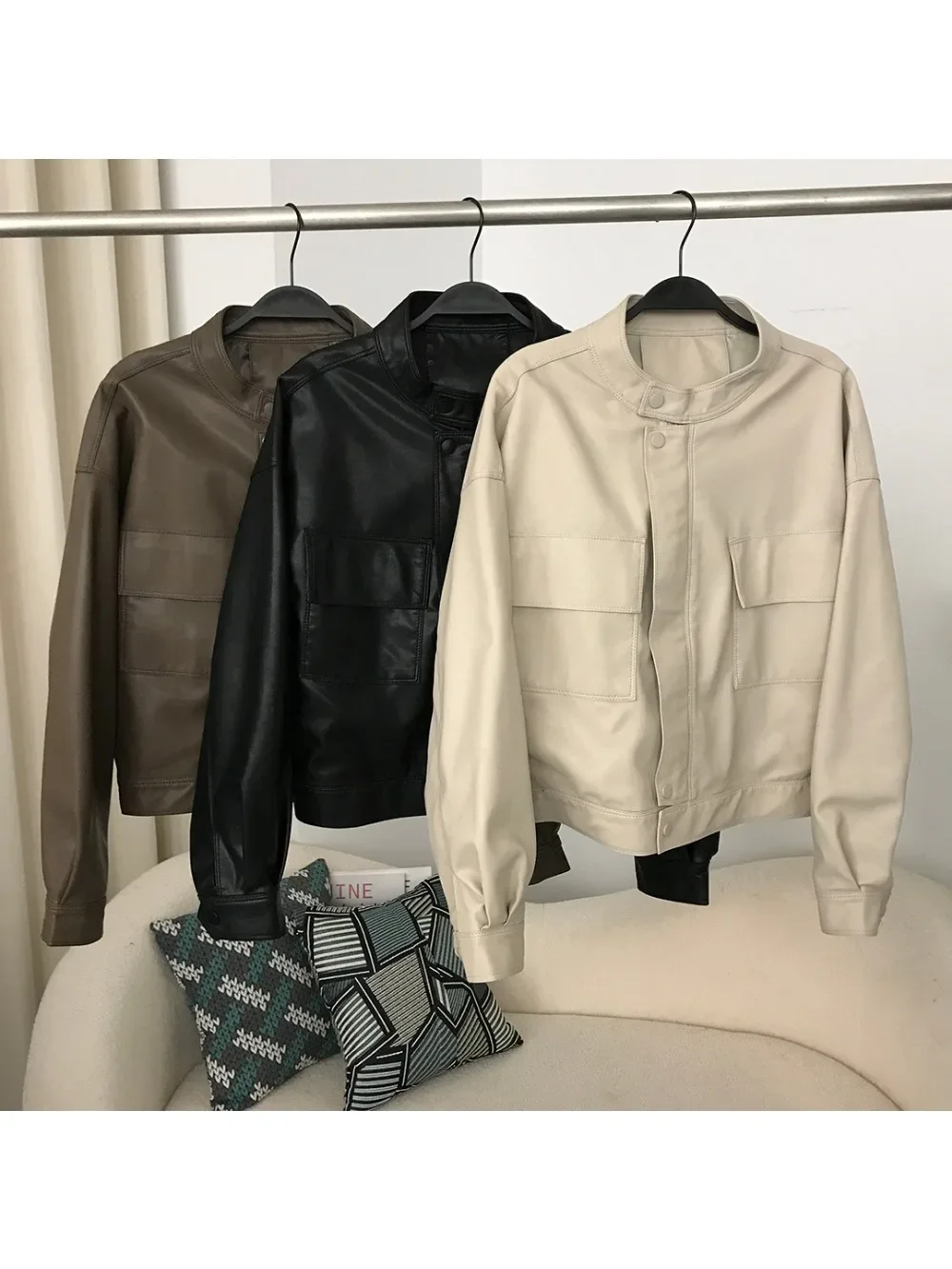 2024 Vintage Sheepskin Pu Leather Coat Short Faux Leather Jacket Spring Autumn Women Motorcycle Female Loose Zipper Outwear