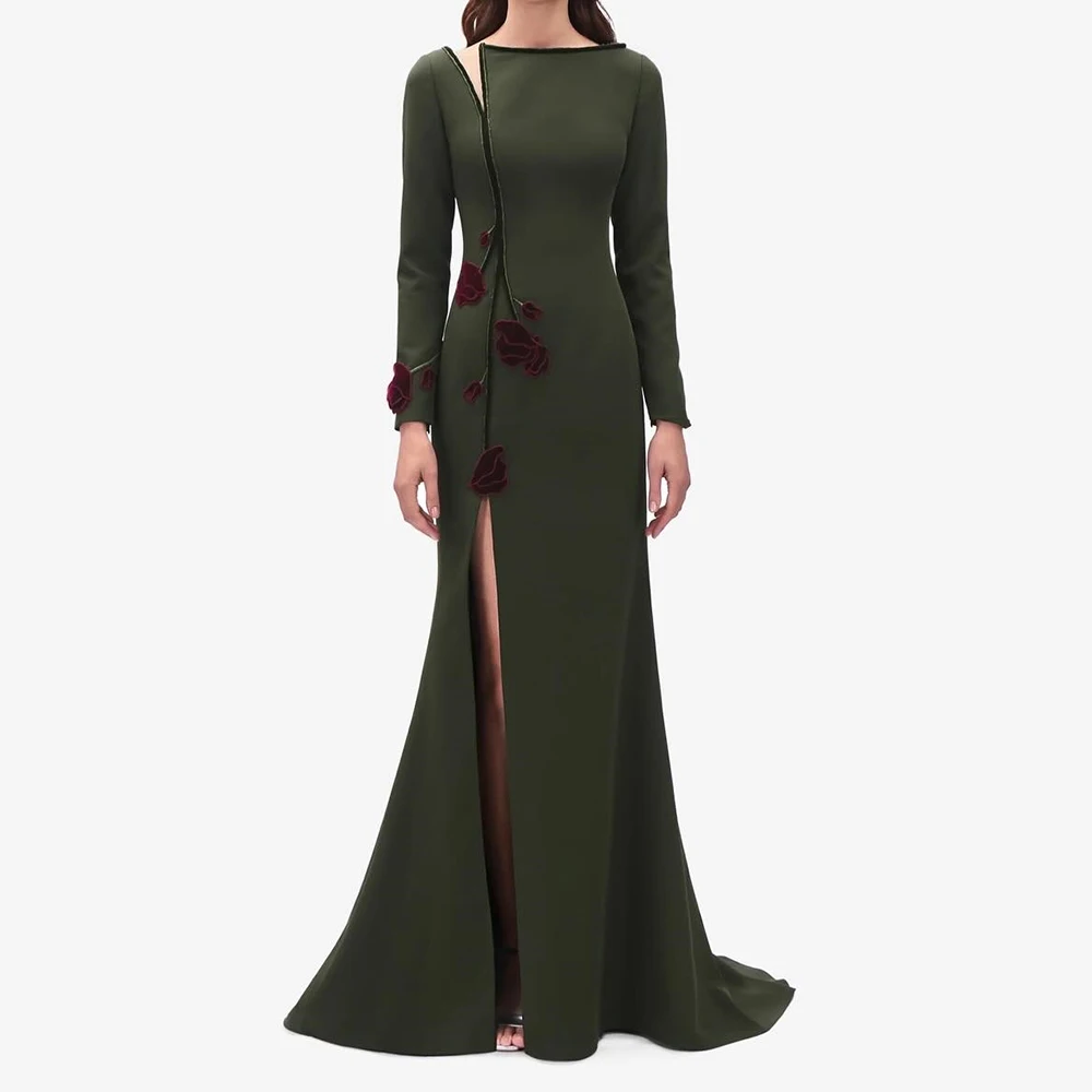 

Вечерние платья русалки по индивидуальному заказу длиной до пола, с вырезом лодочкой и длинными рукавами, платье для выпускного вечера, модные цветы, простое драпированное повседневное вечернее платье