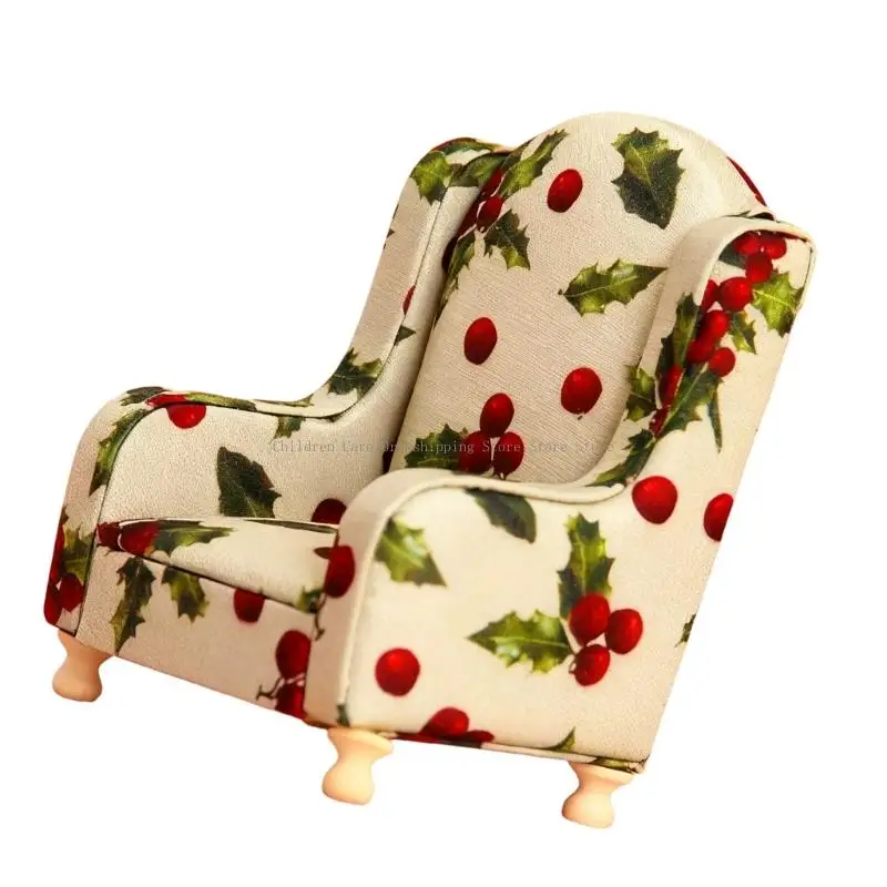 مجموعة أريكة بيت الدمية الواقعية، وسادة من القماش الزهري، قاعدة خشبية، كرسي بذراعين، نموذج تمثال 1/12، نموذج عرض المشروع #2