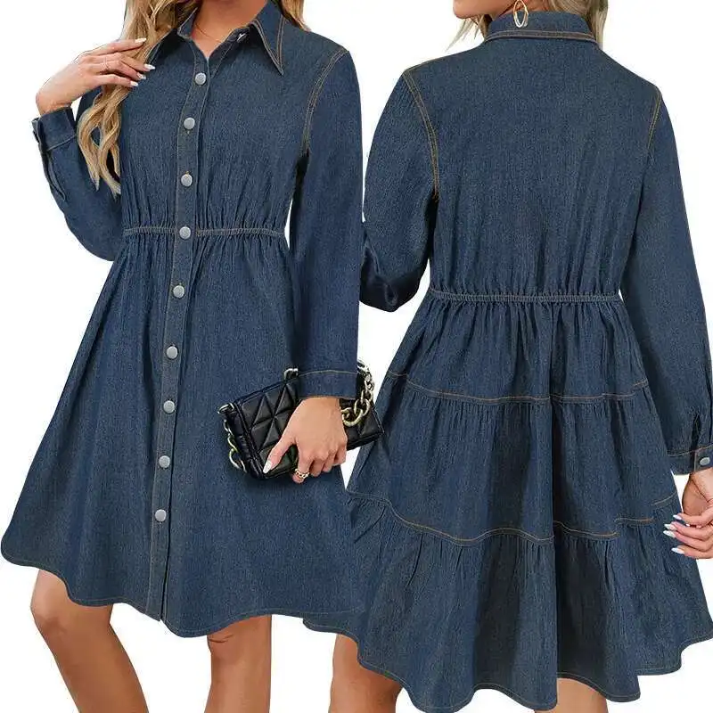 218566 New Women's Fashion Cowboy Long Sleeve Elastic Loose Dress Sexy Dress Designer 2025 Party Summer Elegantes Casual Y2k