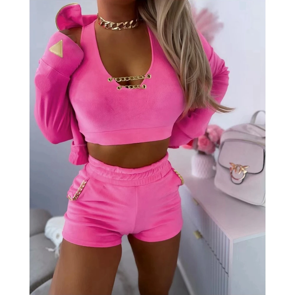 Women 3PCS Velvet Jacket & Chain Decor Crop Top & Shorts Co-ords Set Tracksuit Casual Skinny Two Pieces Suit Sets Outfits