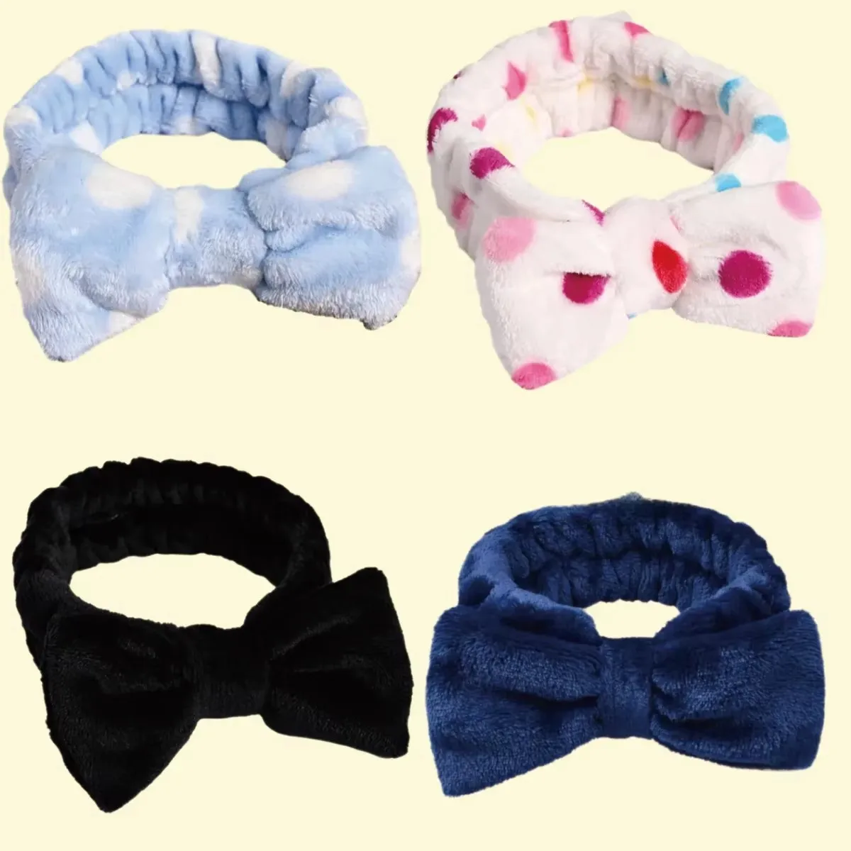 

Women Coral Fleece Headband Solid Color Bow Polka Dot Hairband Wash Face Makeup and Skincare Leece Soft Comfort Hair Accessory