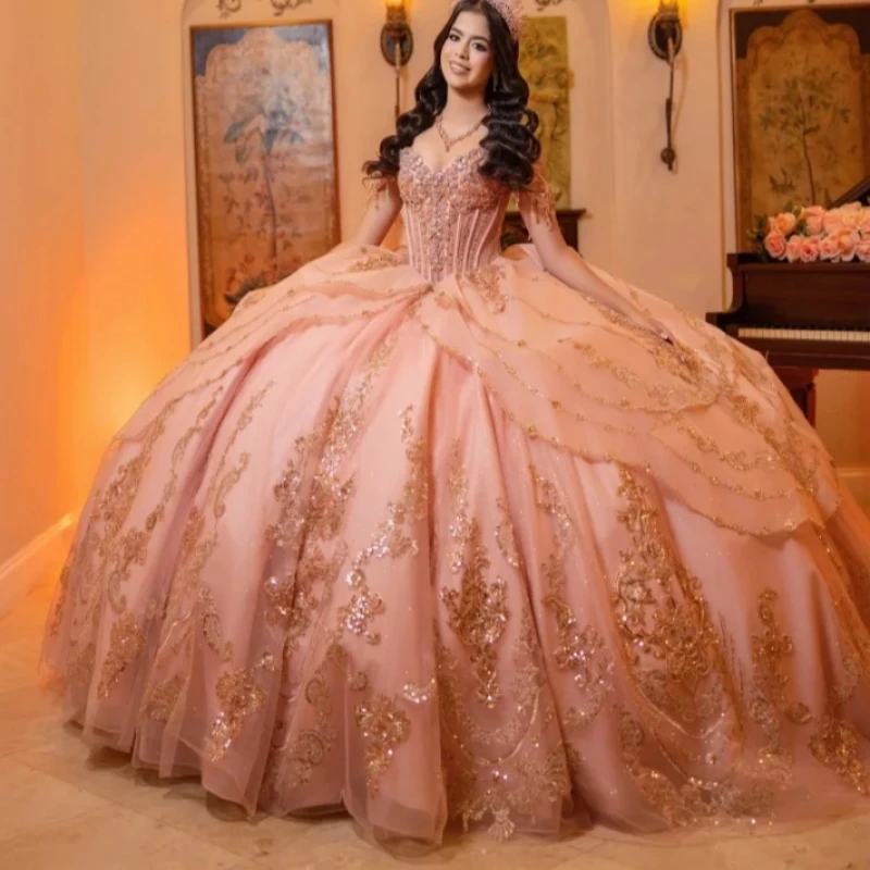 

Pink Quinceanera Dress off-shoulder Golden Glitter Crystal Decal Layering Long tail Big Bow vestidos de 15 Quinceanera