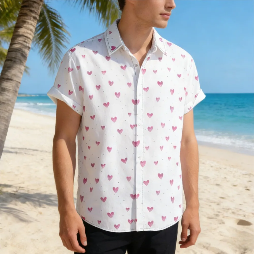 

Men's Love Print Casual Shirt Short Sleeve Valentine's Day Gift Idea for Him Romantic Cute Button Up Shirt Hawaiian Vacation Top