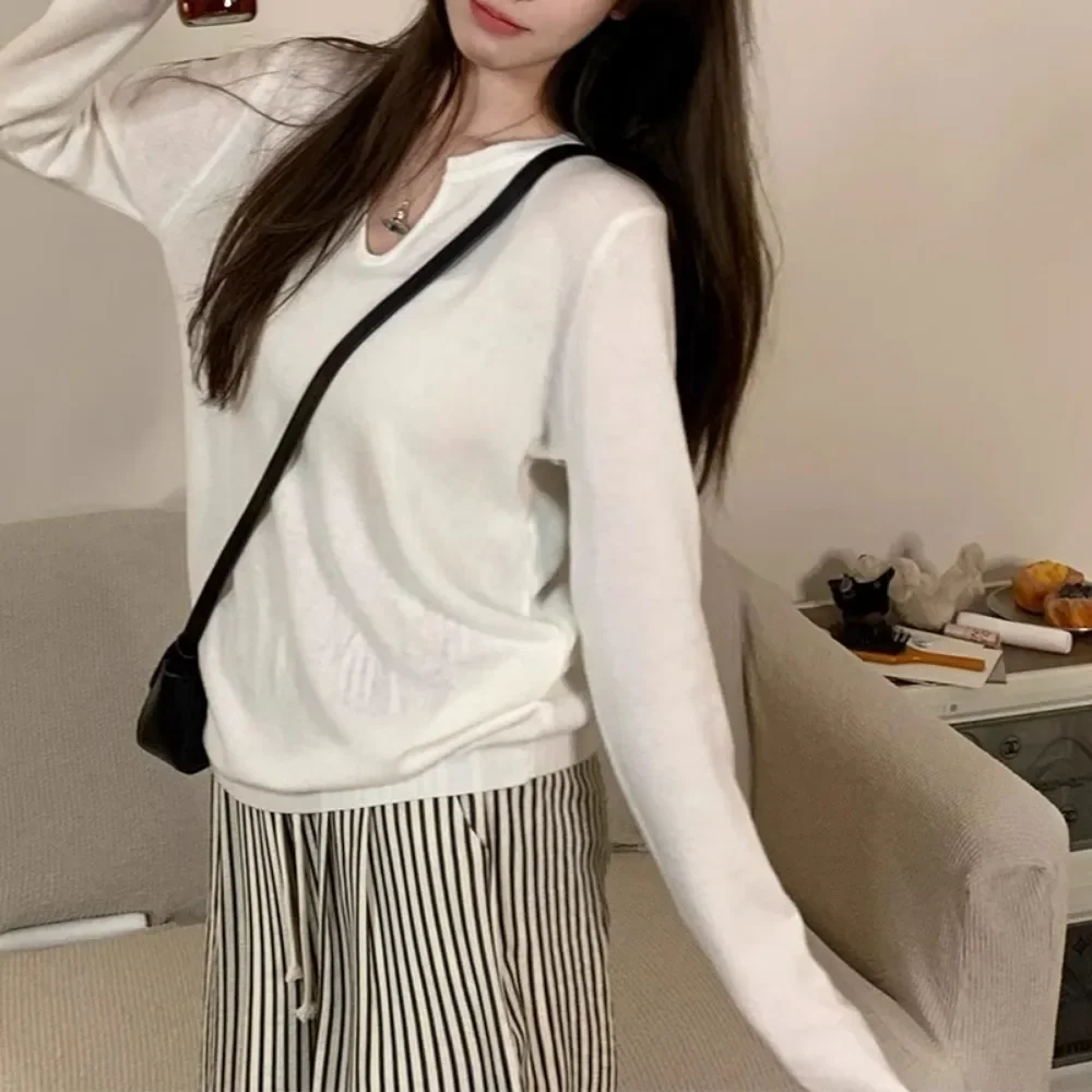 Pullovers for Women Tender V-neck Skin-friendly Soft Thin Loose Solid Colors All-match Long Sleeve Korean Style Normcore Leisure