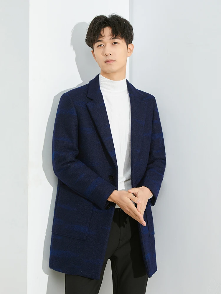 

Warm Woolen Men's Coat Korean Sle Suit Collar Mid-Length Outerwear Faionable Busin Gentleman Stand Fit Upperwear