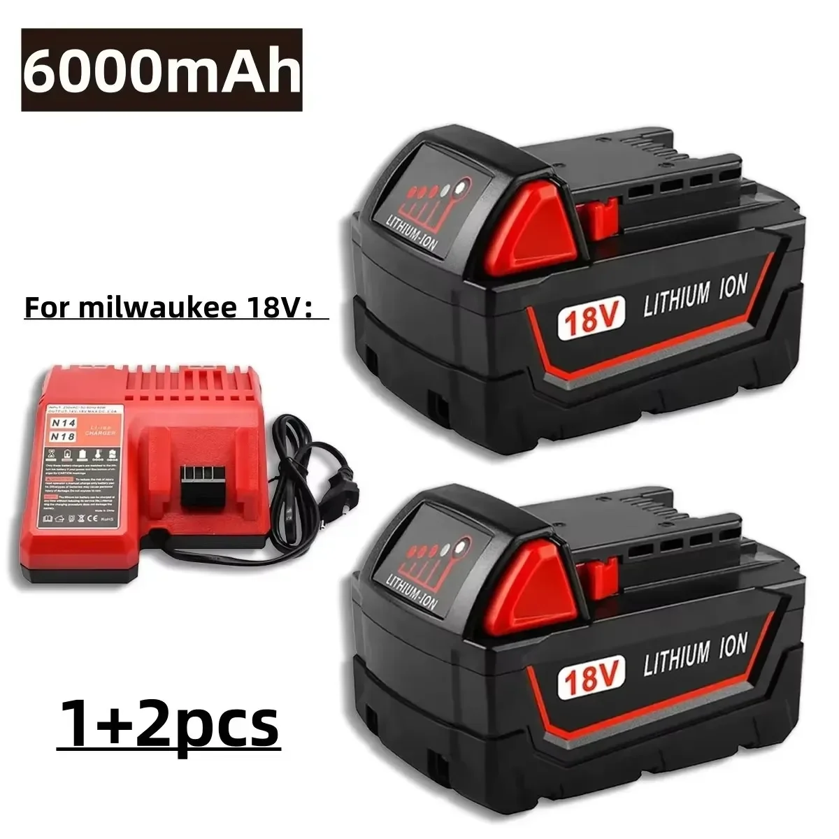 18V lithium ion battery For Milwaukee M18 Power Tool Battery, Charger, 18V 6000mAh, BR, XC, 18V,  M18B5, 48-11-1860, Built-in