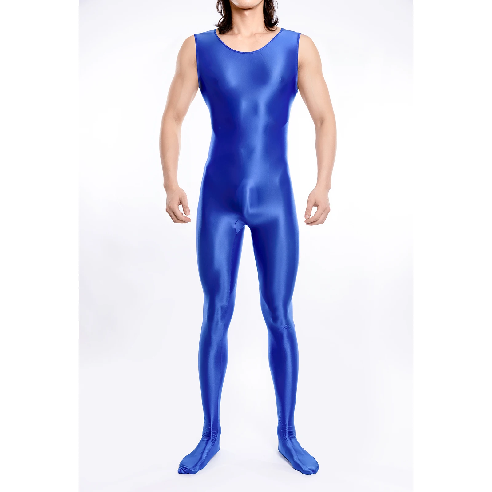 Men Yoga Body-shaped Jumpsuit Costumes Glossy Stretchy Fitness Gym Comfortable Body Legging Sleeveless Footed Bodysuit Jumpsuit