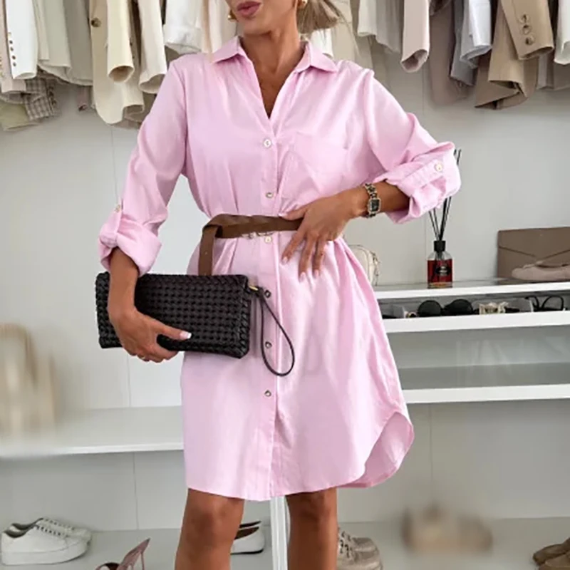 Robe chemise élégante à revers pour femmes, simple boutonnage, décontractée, manches longues avec ceinture, robe courte de soirée, coupe à la mode, couleur unie, Streetwear