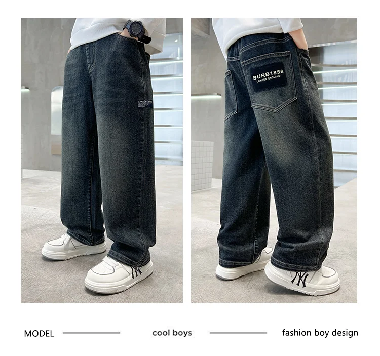 Koreanische Modische Jungen-Jeans mit Buchstabendruck, Gerade Geschnittene Denim-Hosen, Kinderhosen mit Weitem Bein, Lässige Kinderhosen für Alter 5-14 Jahre – Detail 4