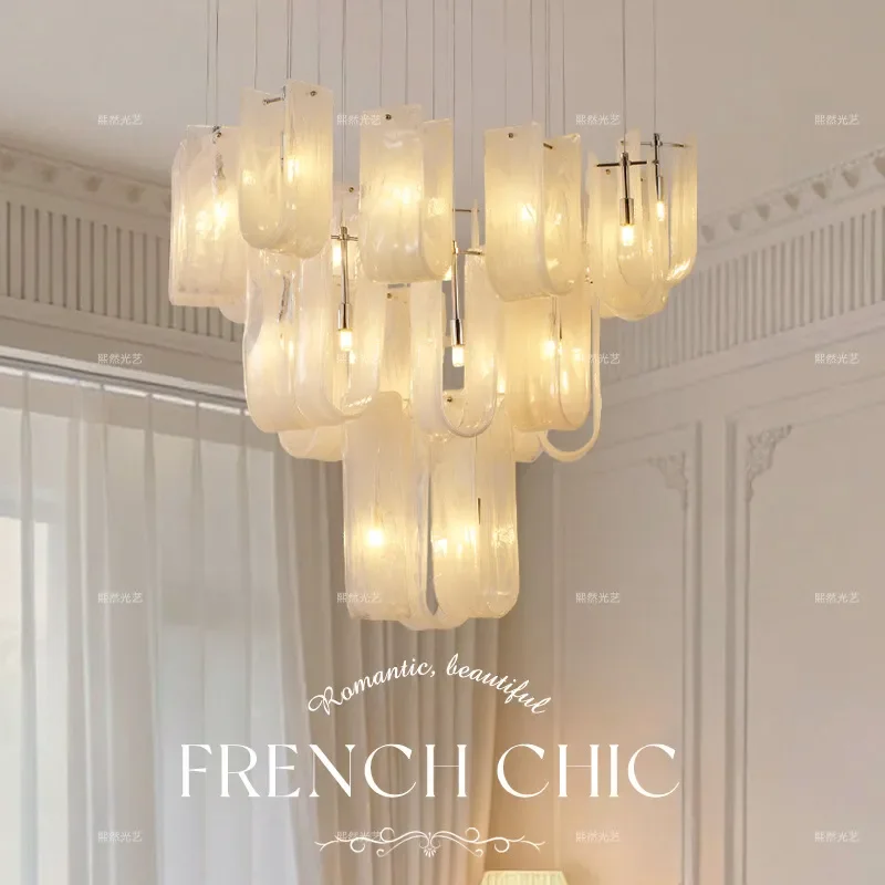 for French Streamer Light Luxury Chandelier Restaurant Cream Style Hollow Designer Advanced Atmosphere Staircase Long Pendant