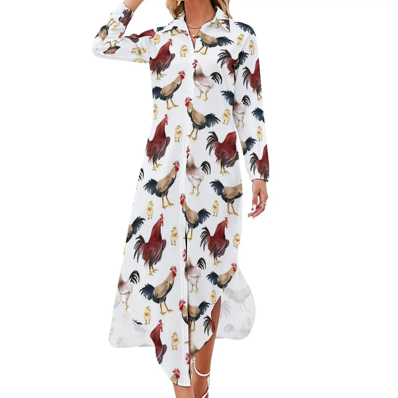 Rustic Chickens Chiffon Dress Animal Print Vintage Dresses Aesthetic Casual Dress Women Sexy Printed Vestidos Big Size 5XL 6XL