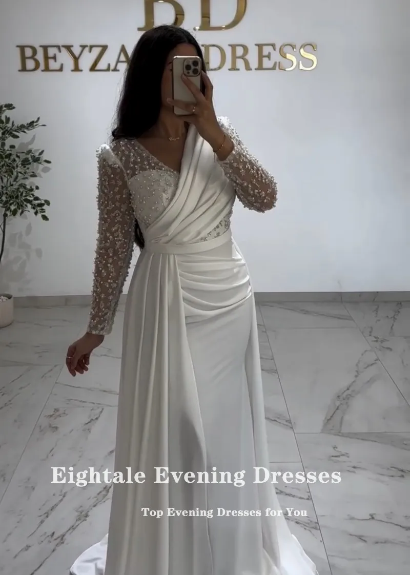 Eightale Abito da sera arabo con scollo a V maniche lunghe pieghe personalizzate Abito da cerimonia nuziale a sirena elastico Vestido De Noche
