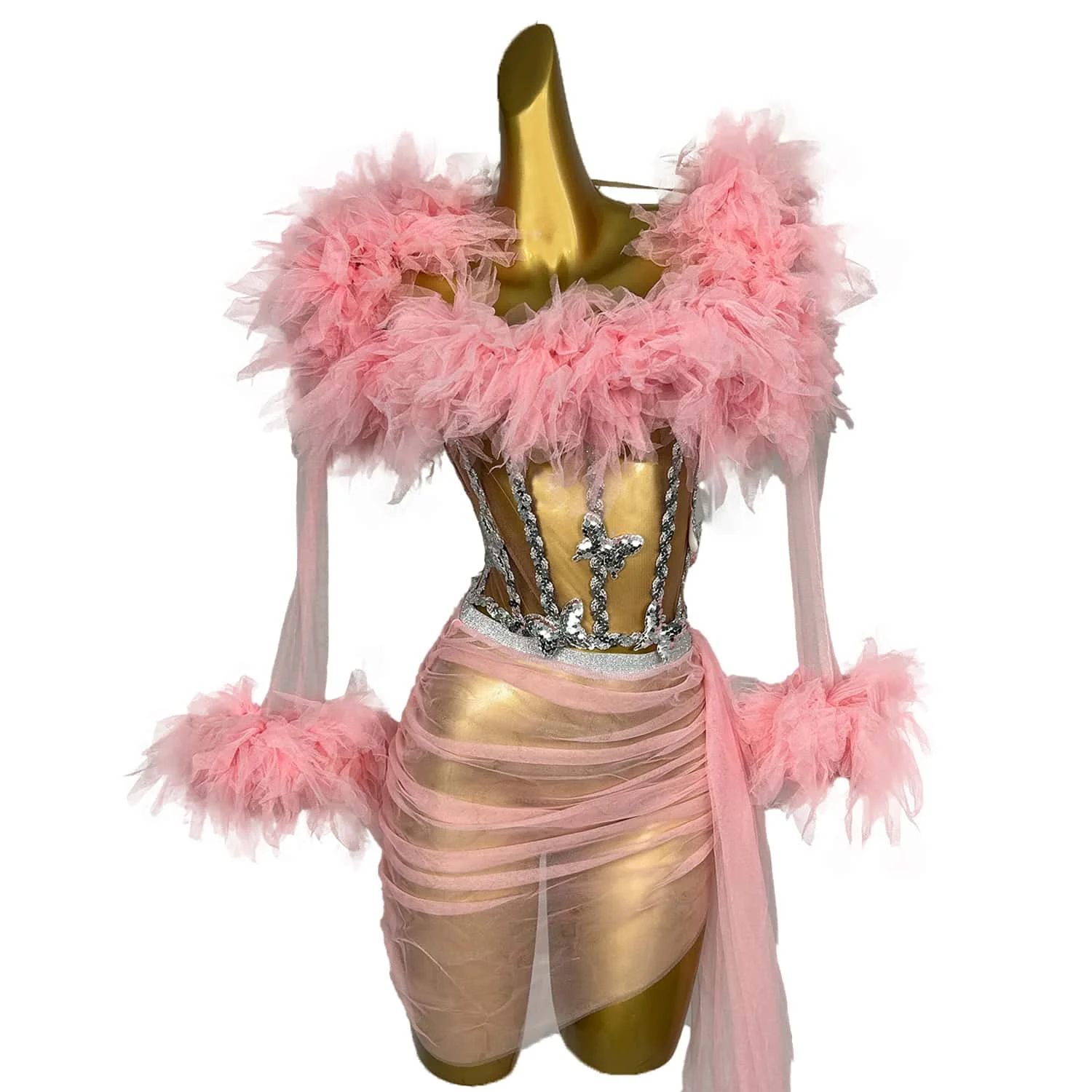 Roze Mesh Pailletten 3 Stuks Set Jurk Cheerleading Lasvega 'S Showgirl Dragen Charmant Zie Drag Queen Outfit Sexy Podiumkleding Xinshen