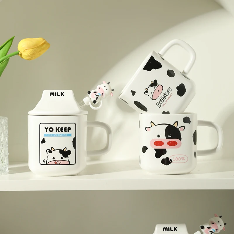 

Senior Mug with Lid Cute Ceramic Cups Milk Office Home Breakfast Cups Coffee Cups Kitchen Utensils Black and White Cows Straw