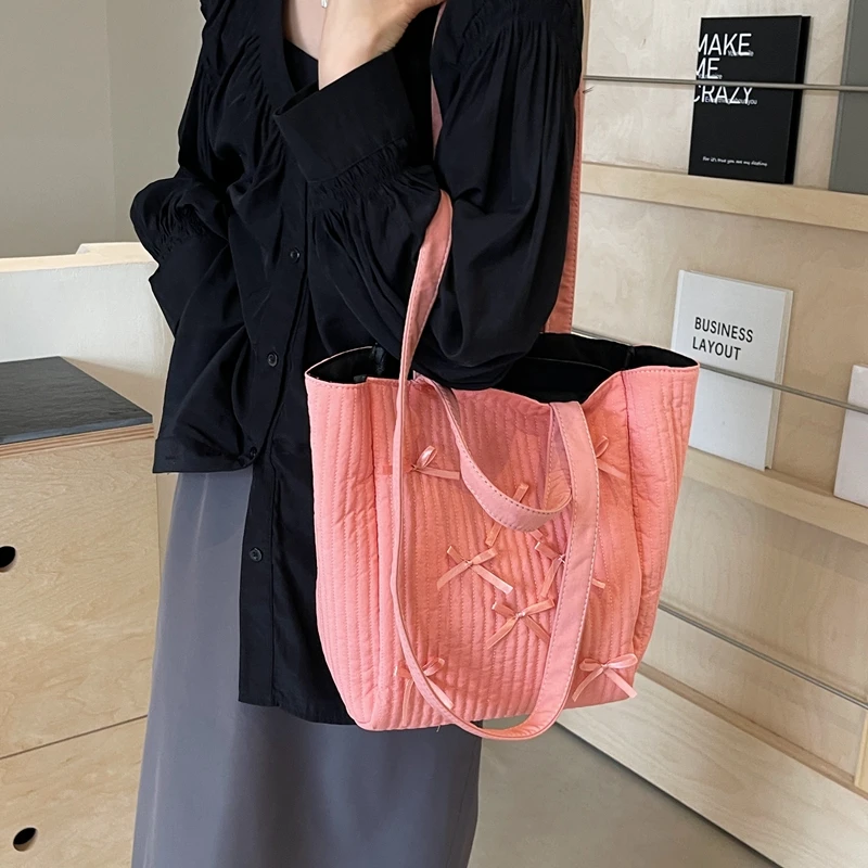 Bow Design Y2K Solid Color Soft Cloth Design Shoulder Bags For Women 2024 Korean Fashion Females Small Shopper Shopping Handbags