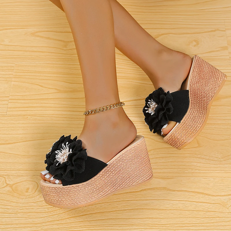 Women Mule Clogs 90mm Heels Wedge Sandals Female Flower Appliquere Platform Slide Slippers