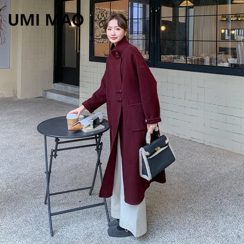 

UMI MAO Woolen Coat Women Autumn New Korean Style Mid-Length Burgundy Wool Slimming Thickened Jacket Elegant Female Overcoat
