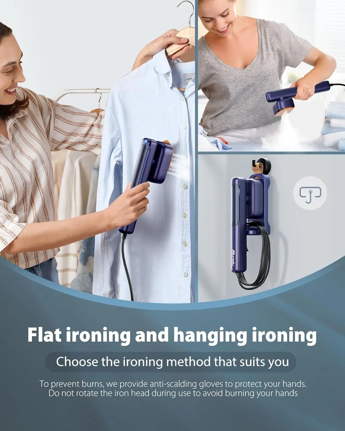مكواة بخار محمولة 2 في 1، 1100 وات، بخار مستمر لمدة 20 دقيقة، خزان 100 مل، مع قفازات تبخير