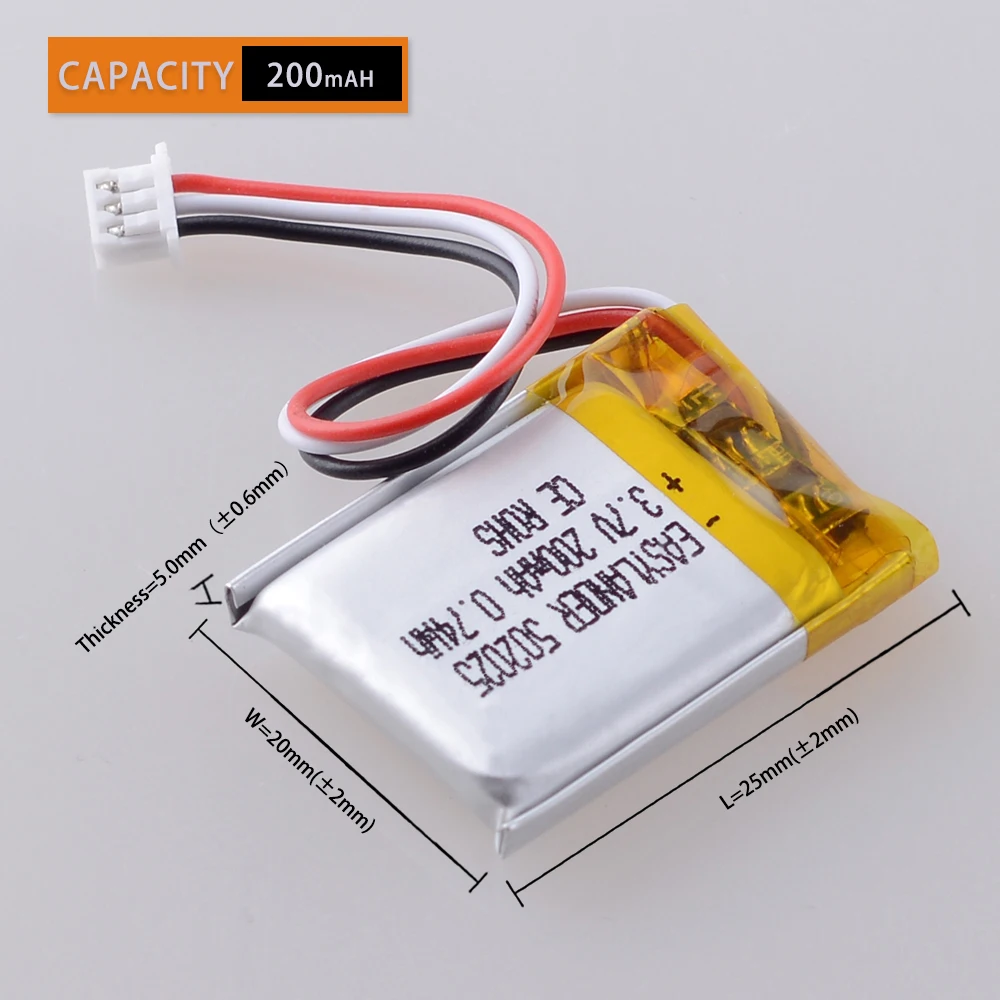 JST1.25 3P 200mAh 3.7V 502025 Rechargeable Lithium Li-ion Li Polymer Battery For toys speaker Tachograph MP3 MP4 GPS Bluetooth