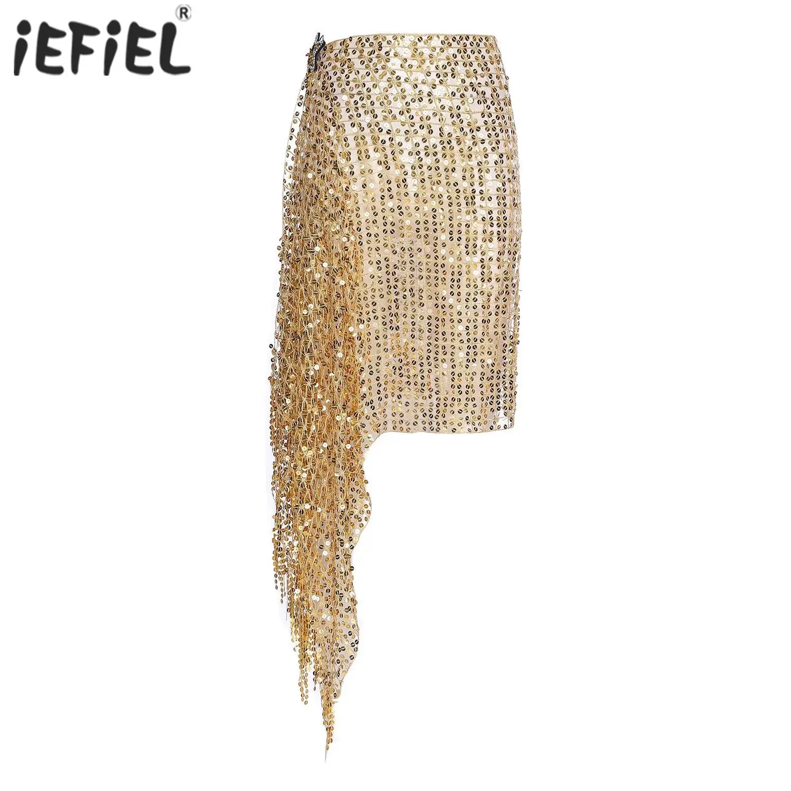 Feminino brilhante lantejoulas hip cachecol saias de dança do ventre strass estrela clipe auto-amarrado borla guarnições oco para fora hip saia cintura corrente