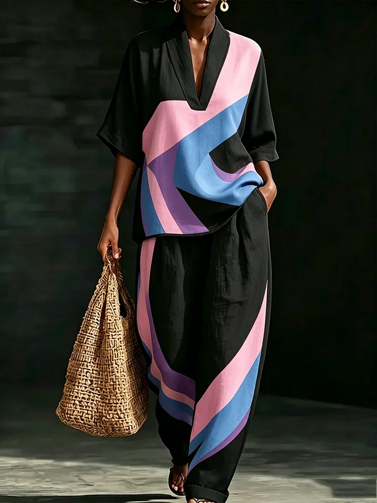 

Women's Summer Boho 2-Piece Set Abstract Printed V-Neck Loose Top with Wide-Leg Pants Side Pocket Casual Contrast Color Outfit