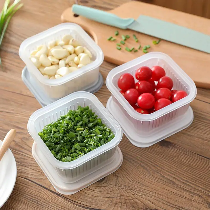 Kitchen Scallion Storage Box Double Layer Refrigerator Fruits Drainage Box With Lid Onions Ginger Garlic Sealed Box For Snacks