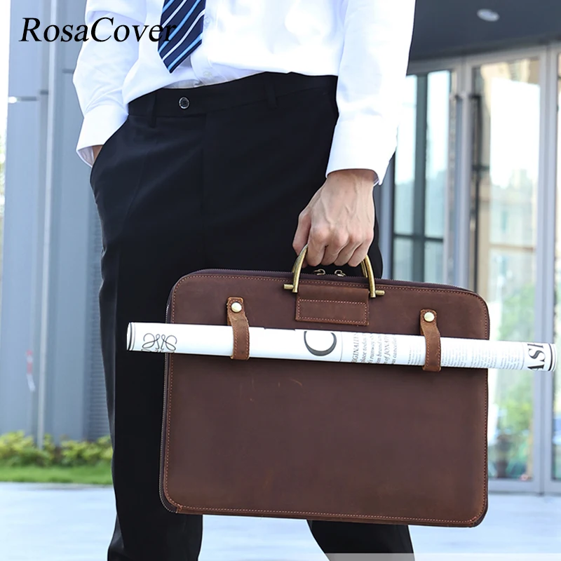 

Genuine Leather Retro Men's Briefcase for 15.6" Laptop Document Bag Business Work Thin Briefcase Clutch Handbag