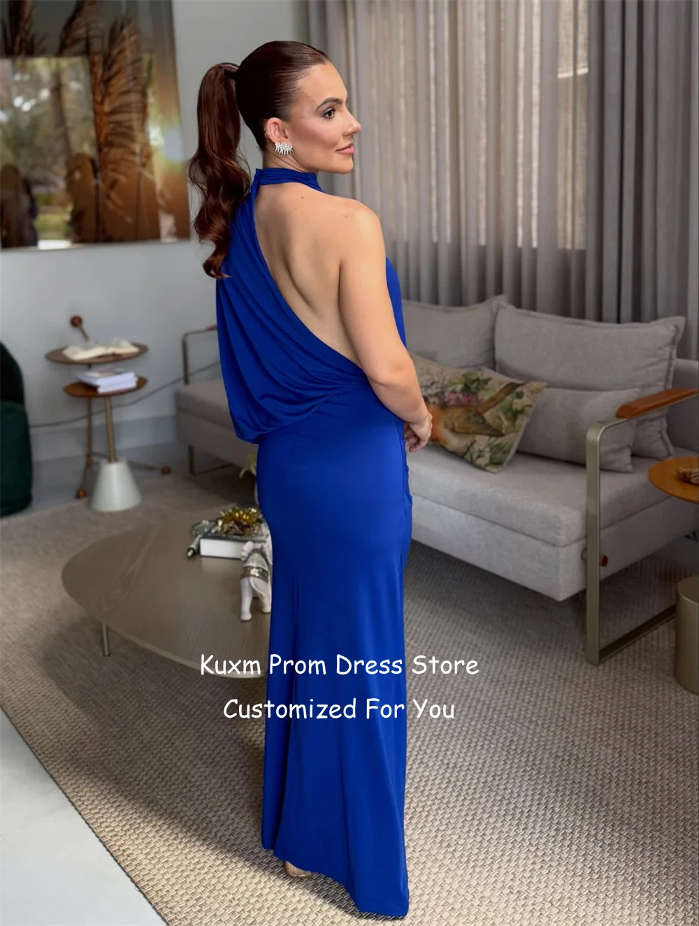 Kuxm Blue Satin Formal Vestidos De Fiesta Elegantes 2026 Halter One Shoulder Prom Gowns Fashion Robe De Soirée Customized