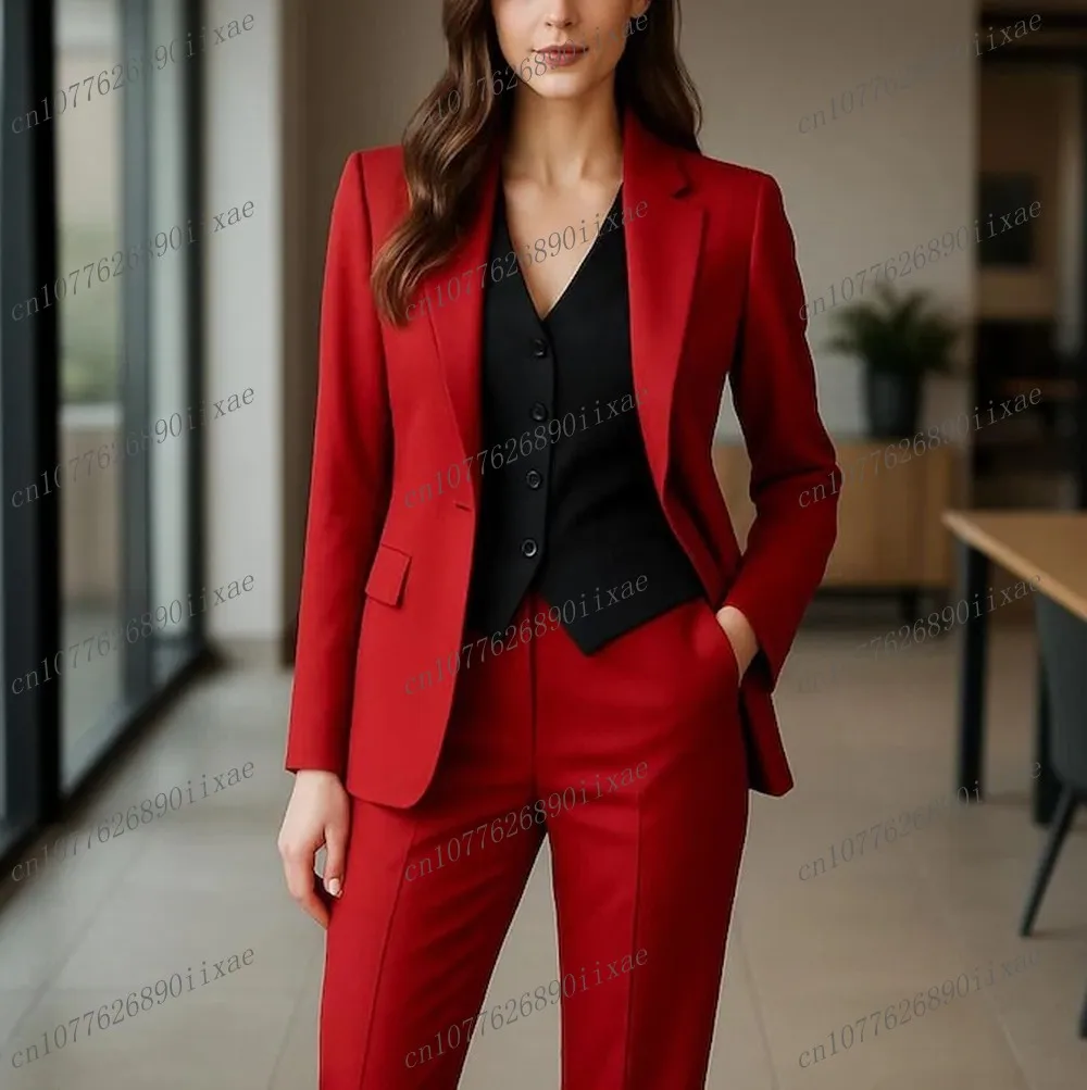 Abiti da donna rossi e neri Smoking da ufficio per affari da donna Madre Festa di nozze formale da donna Set da 3 pezzi Giacca Gilet Pantaloni