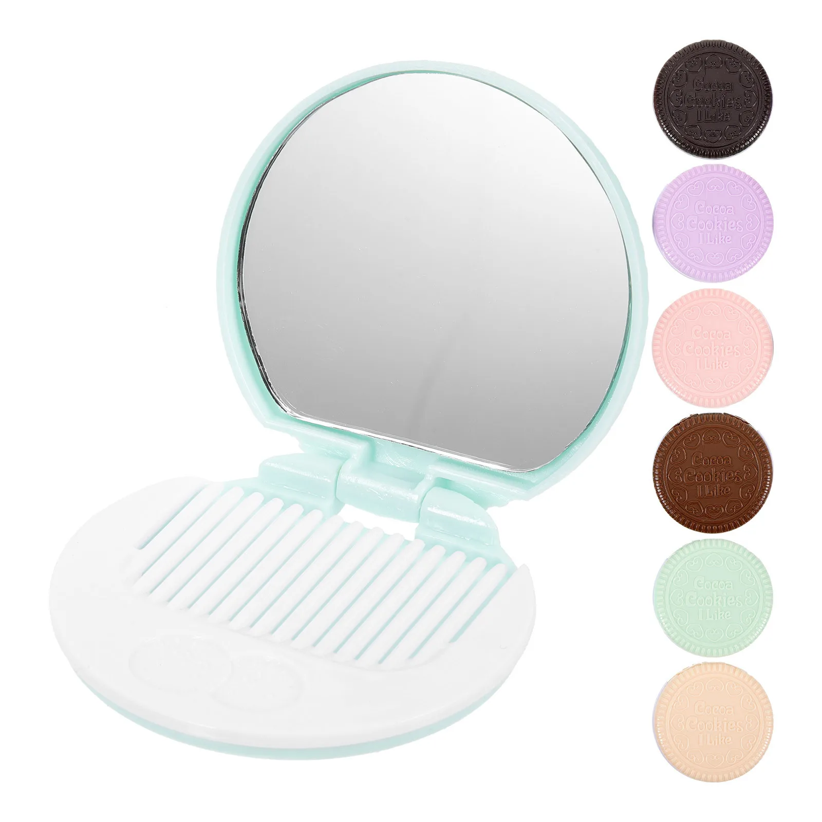 7 Stück schicker Taschenspiegel in Form von Schokoladenkeksen, transparent, Mini-Make-up-Spiegel, Damen-Werkzeug, dunkelbraun, hellbraun, gelb, blau