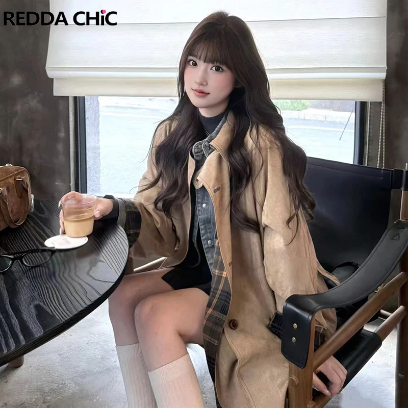 

ReddaChic замшевый плащ цвета хаки женский двубортный с разрезом на поясе британская ветровка рабочая повседневная двусторонняя клетчатая верхняя одежда