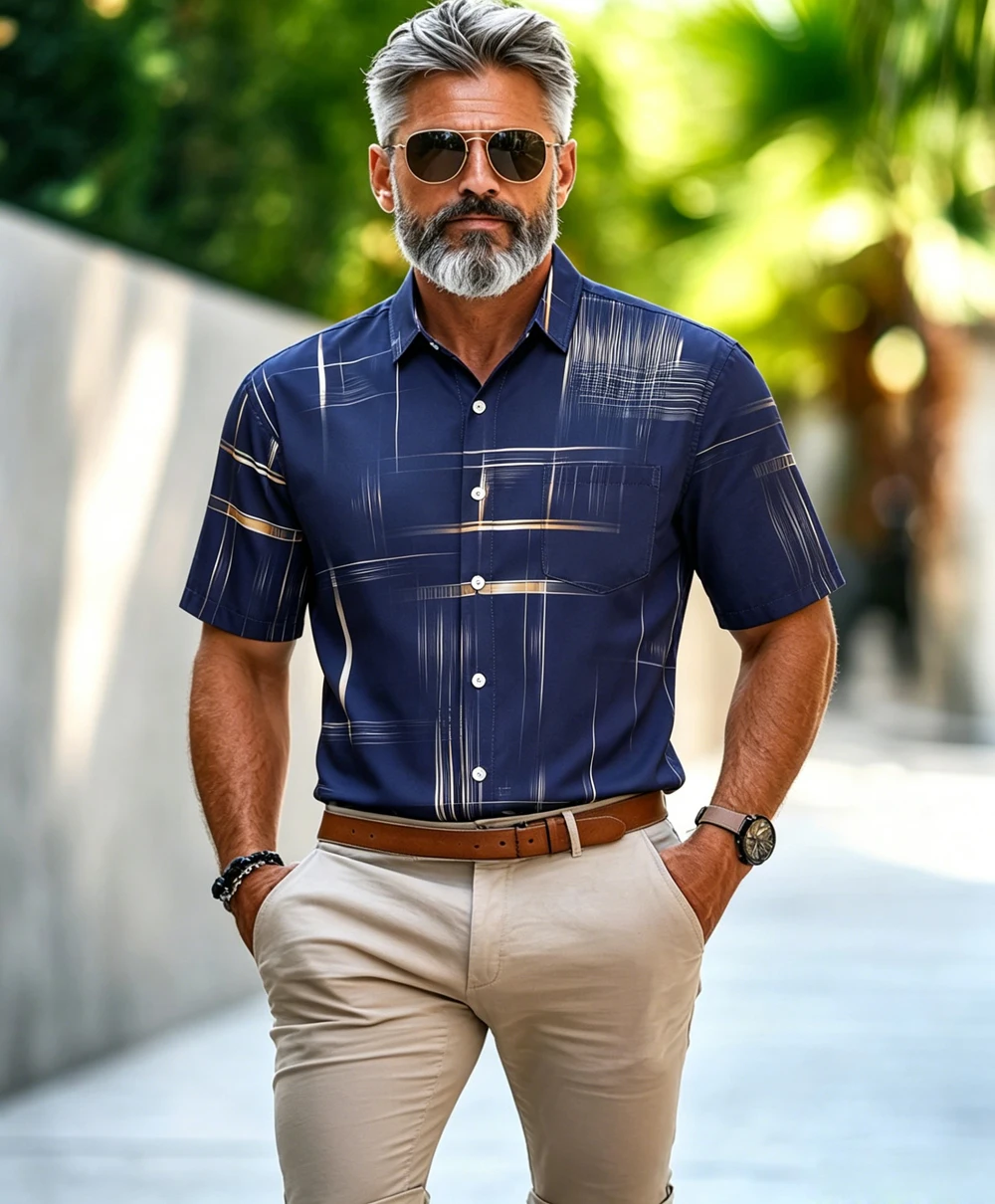 2026 summer new men's short-sleeved pocket lapel shirt geometric line print shirt Hawaiian vacation casual top large size 5XL