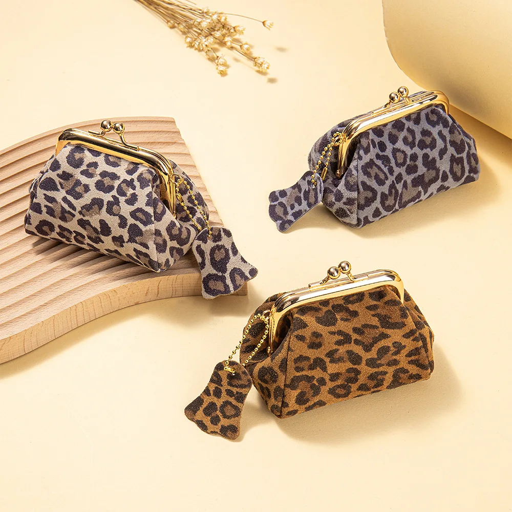 Leather Clutch Coin Bag for Women Kiss Lock Wallet Retro Leopard Pattern Coin Purse Lipstick Storage Organizer Cute Purse