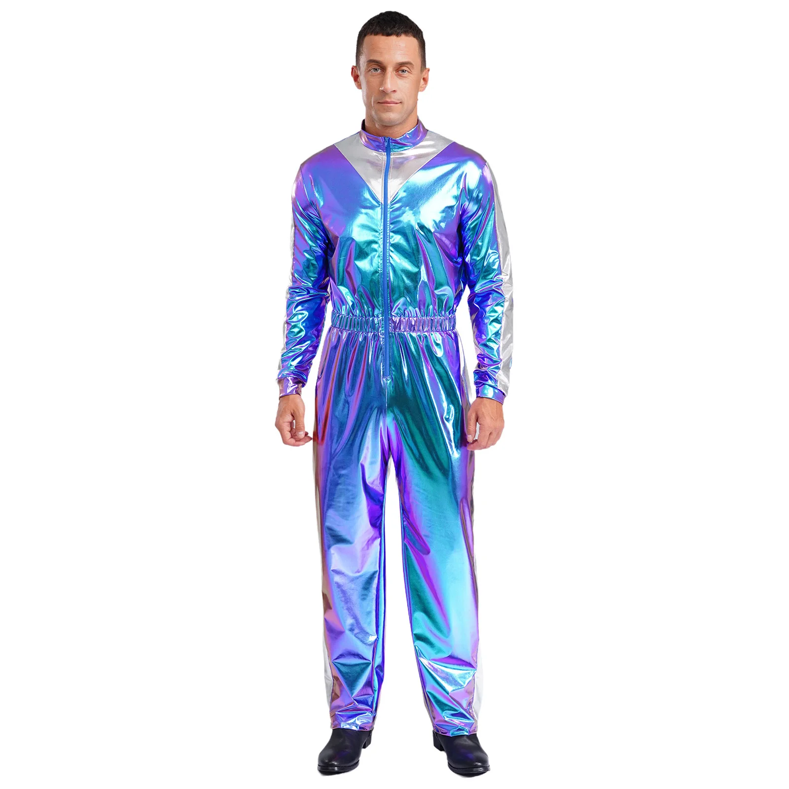 

Mens Shiny Metallic Jumpsuit Long Sleeves Elastic Waist Color Block Long Jumpsuit Bodysuit Fashion Clothes Theme Party Clubwear