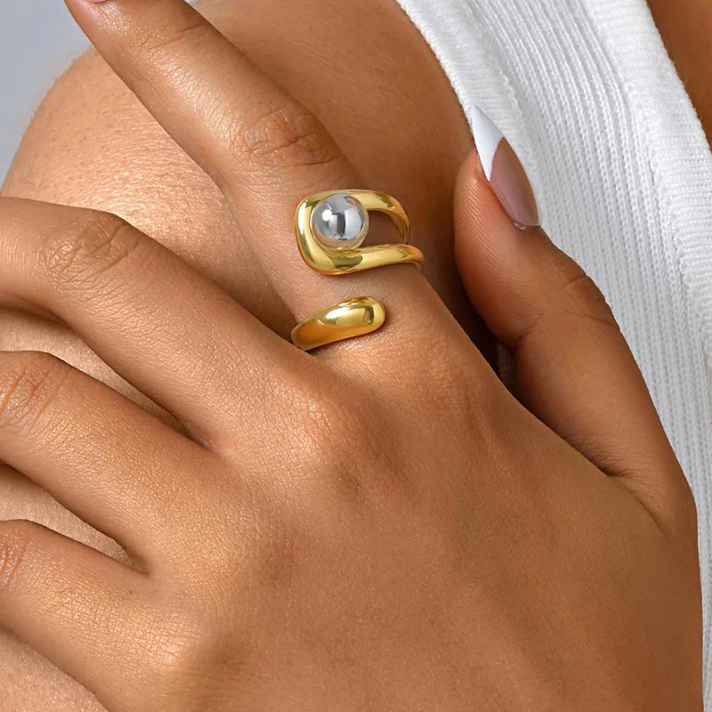 Stylish Creative Open Ball Ring for Women, 18K Gold Plated Adjustable Stainless Steel Two Tone Rings, Rust Resistant Jewelry